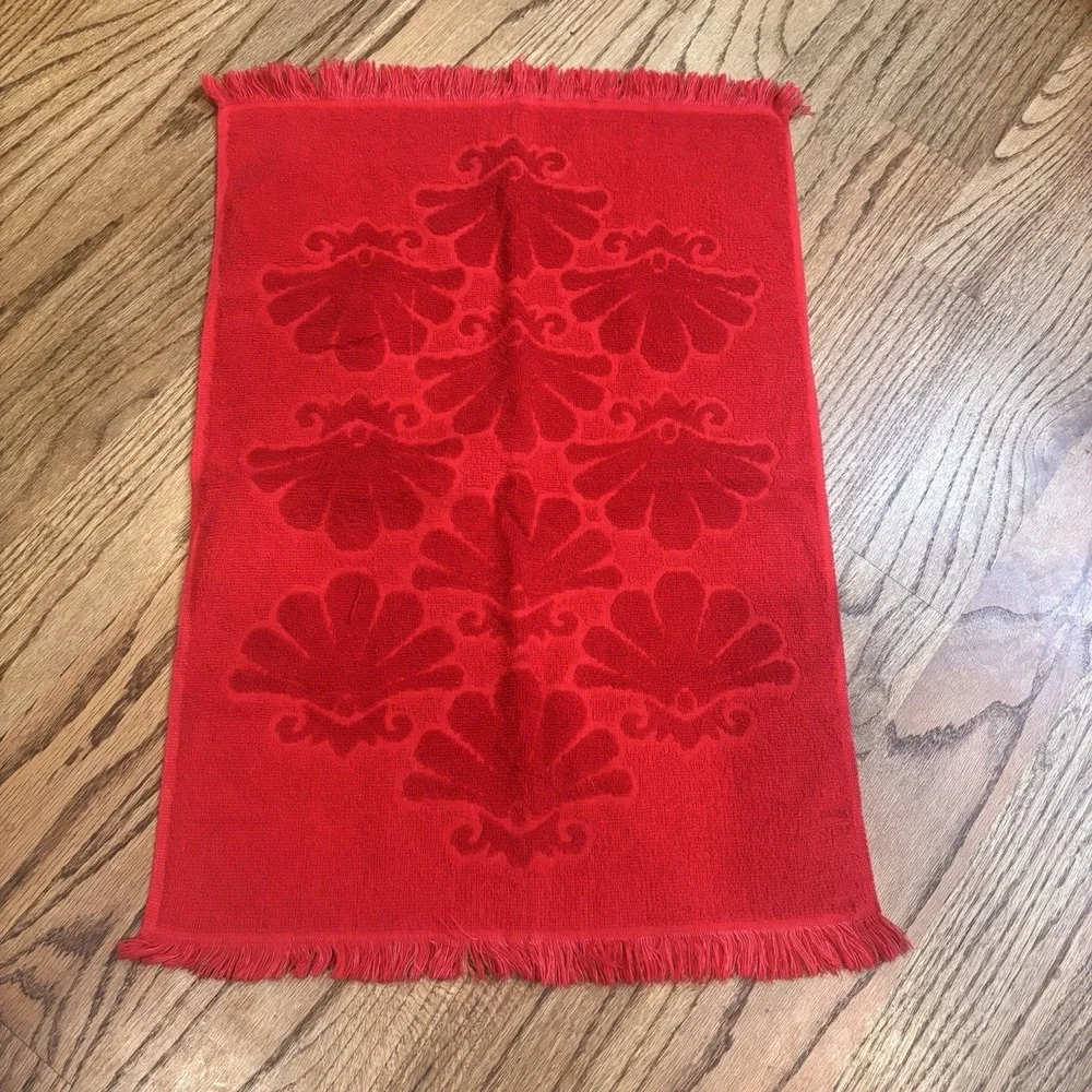 Vintage Fieldcrest Red Bath Mat & 2 Hand Towels Set Fringe 100% Cotton USA